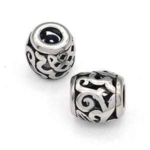 316 Stainless Steel Barrel Beads Hollow Large Hole Antique silver, approx 9-10mm, 4mm hole