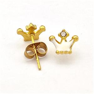 Stainless Steel Crown Stud Earring White Enamel Gold Plated, approx 7-8mm