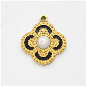 Stainless Steel Clover Pendant Black Enamel Gold Plated, approx 14.5mm