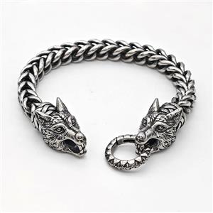 304 Stainless Steel Wolf Bracelet Antique Silver, approx 15-35mm, 19mm, 8mm, 21cm length