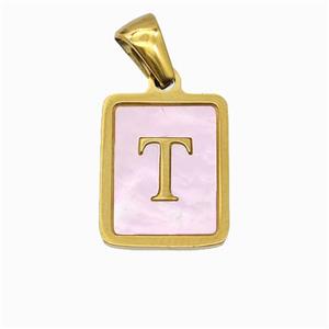 Stainless Steel Rectangle Pendant Pave Pink Shell Letter-T Gold Plated, approx 12-15mm