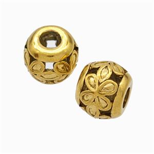 Titanium Steel Round Beads Large Hole Hollow Flower Gold Plated, approx 9-10mm, 4mm hole