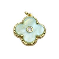 copper Clover pendant pave green shell, gold plated, approx 18mm