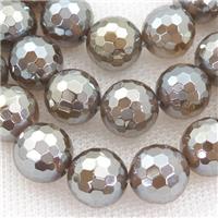gray agate beads, faceted round, electroplated, approx 6mm dia