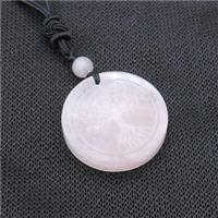 Pink Rose Quartz Circle Necklace Tree Of Life Black Nylon Rope Cord, approx 30mm