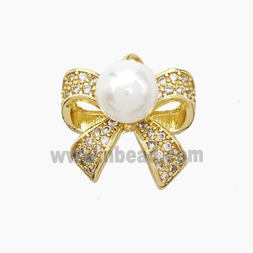 Copper Knotbow Pendant Pave Zirconia White Pearlized Resin Gold Plated