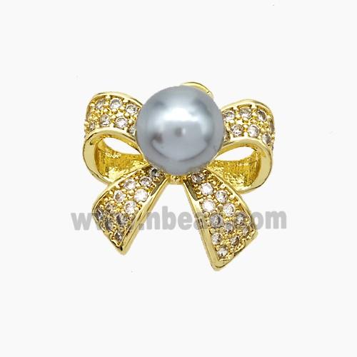 Copper Knotbow Pendant Pave Zirconia Gray Pearlized Resin Gold Plated