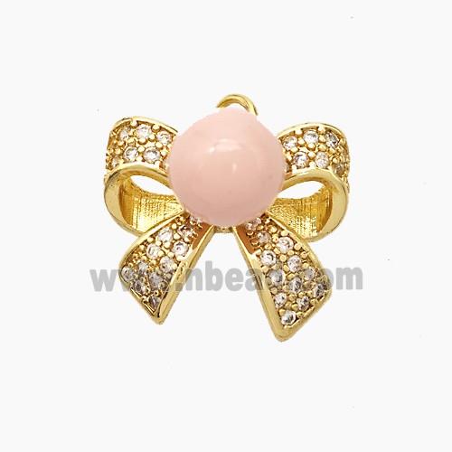 Copper Knotbow Pendant Pave Zirconia Pink Pearlized Resin Gold Plated