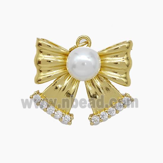 Copper Knotbow Pendant Pave Zirconia White Pearlized Resin Gold Plated