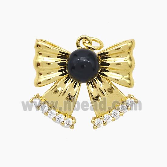 Copper Knotbow Pendant Pave Zirconia Black Pearlized Resin Gold Plated