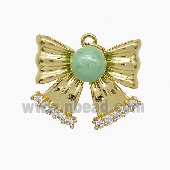 Copper Knotbow Pendant Pave Zirconia Green Pearlized Resin Gold Plated