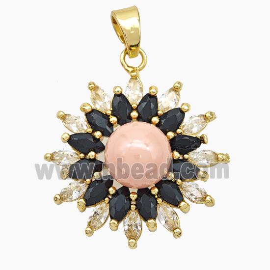 Copper Flower Pendant Pave Zirconia Pink Pearlized Resin Gold Plated