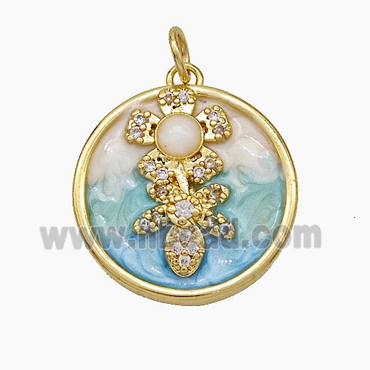 Copper Flower Pendant Pave Zirconia Circle Painted Gold Plated