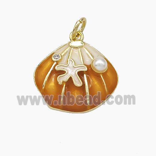 Copper Scallop Shell Pendant Pave Pearlized Resin Brown Painted Gold Plated