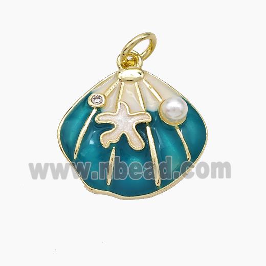 Copper Scallop Shell Pendant Pave Pearlized Resin Teal Painted Gold Plated