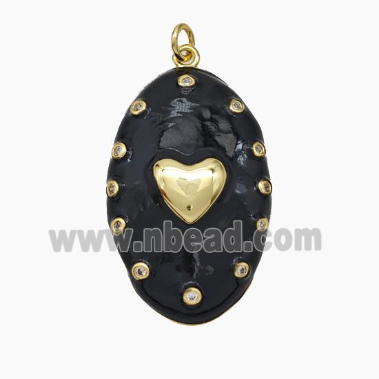 Copper Oval Pendant Black Enamel Heart Gold Plated