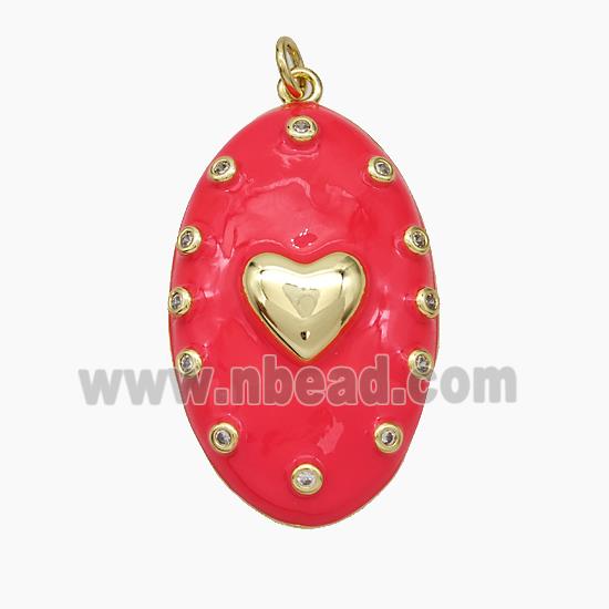 Copper Oval Pendant Red Enamel Heart Gold Plated