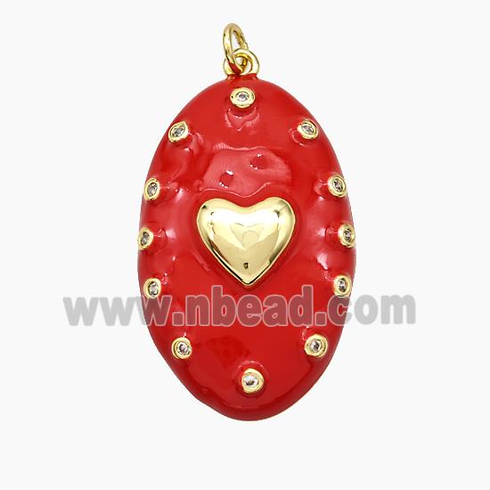 Copper Oval Pendant Red Enamel Heart Gold Plated