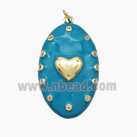 Copper Oval Pendant Teal Enamel Heart Gold Plated
