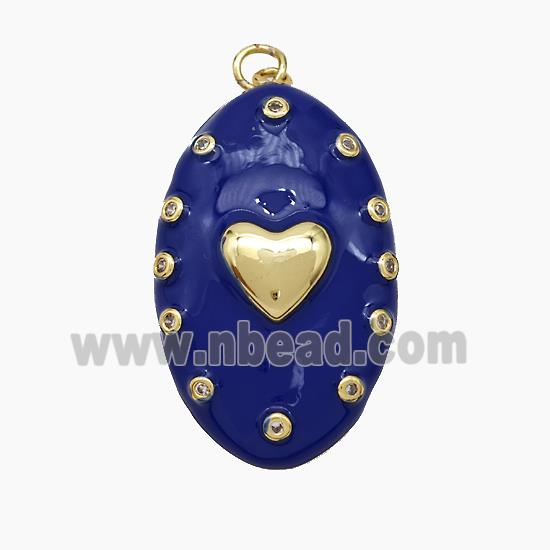Copper Oval Pendant Royalblue Enamel Heart Gold Plated
