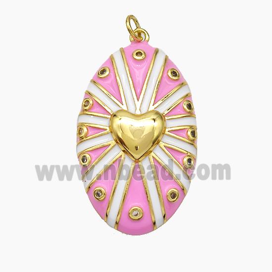 Copper Oval Pendant Pink Enamel Heart Gold Plated