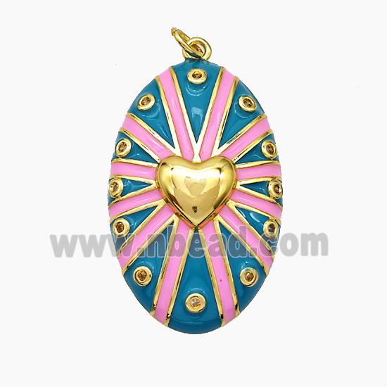 Copper Oval Pendant Teal Enamel Heart Gold Plated