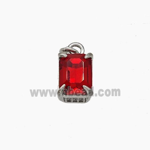 Red Cubic Zirconia Pendant Copper Rectangle Platinum Plated