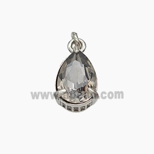 Gray Cubic Zirconia Pendant Copper Teardrop Platinum Plated