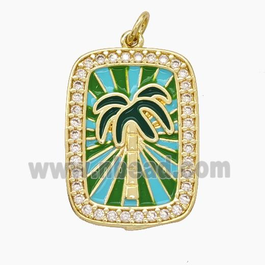 Copper Tarot Card Pendant Pave Zirconia Coconut Tree Palm Enamel Gold Plated