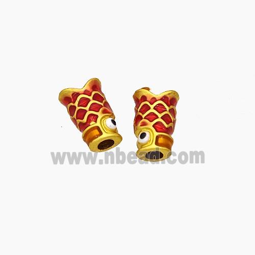 Copper Fish Beads Red Painted Large Hole Gold Plated