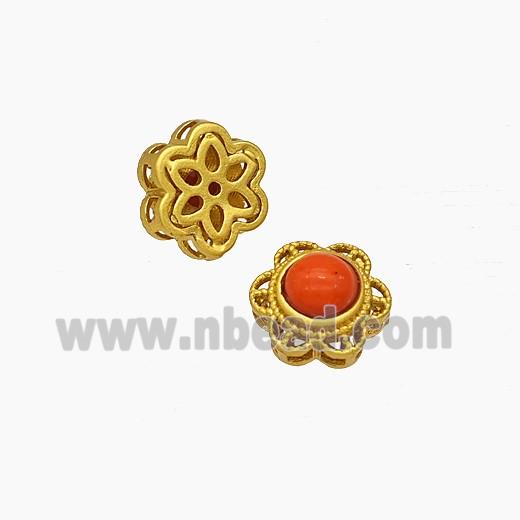 Copper Flower Beads Pave Resin Gold Plated