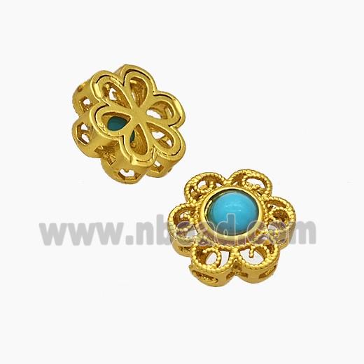 Copper Flower Beads Pave Resin Gold Plated
