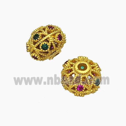 Copper Rondelle Beads With Crystal Glass Hollow Gold Plated