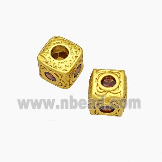 Copper Cube Beads Pave Crystal Glass Large Hole Gold Plated