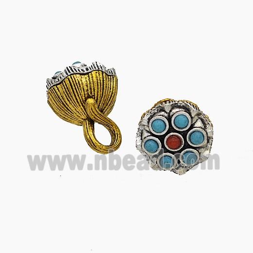 Tibetan Style Alloy Lotus Pendant Pave Dye Turquoise Antique Silver Golden