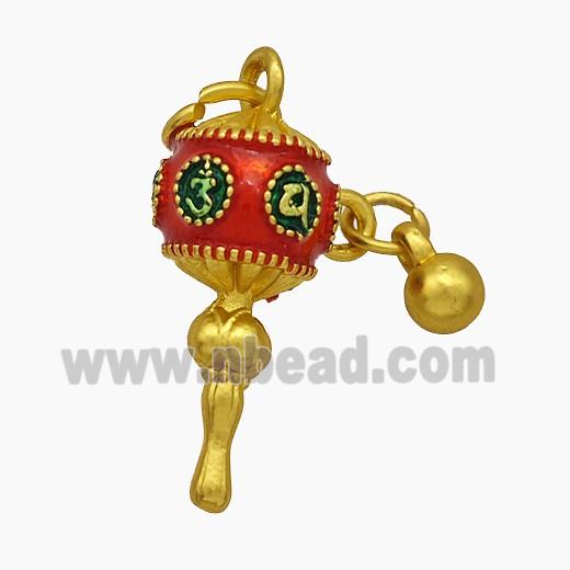 Tibetan Style Copper Prayer Wheel Pendant Red Painted Gold Plated