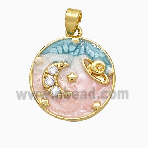 Copper Moon Planet Pendant Pave Zirconia Painted Gold Plated