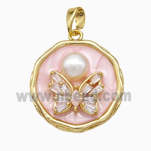 Copper Butterfly Pendant Pave Zirconia Pearlized Resin Pink Painted Gold Plated