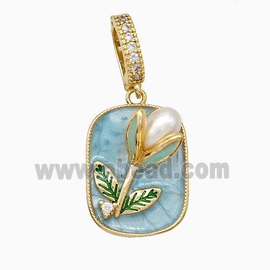 Copper Flower Pendant Pave Pearlized Resin Blue Painted Gold Plated
