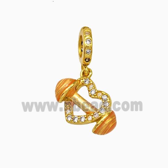Copper Heart Dumbbell Pendant Pave Zirconia Orange Painted Gold Plated