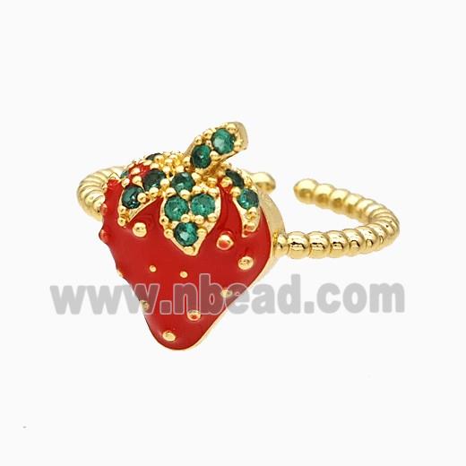 Copper Strawberry Rings Pave Zirconia Red Enamel Gold Plated