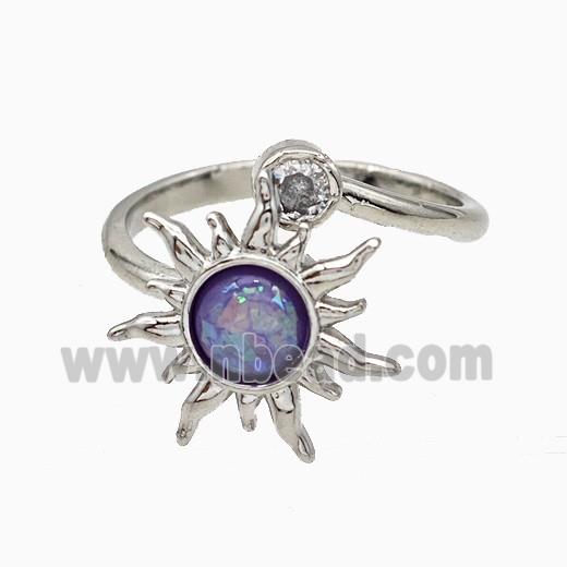 Copper Sunflower Rings Pave Zirconia Fire Opal Rotatable Platinum Plated