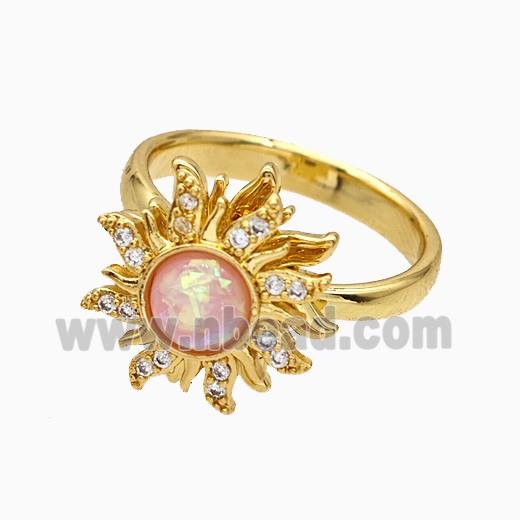 Copper Sunflower Rings Pave Zirconia Fire Opal Rotatable Adjustable Gold Plated