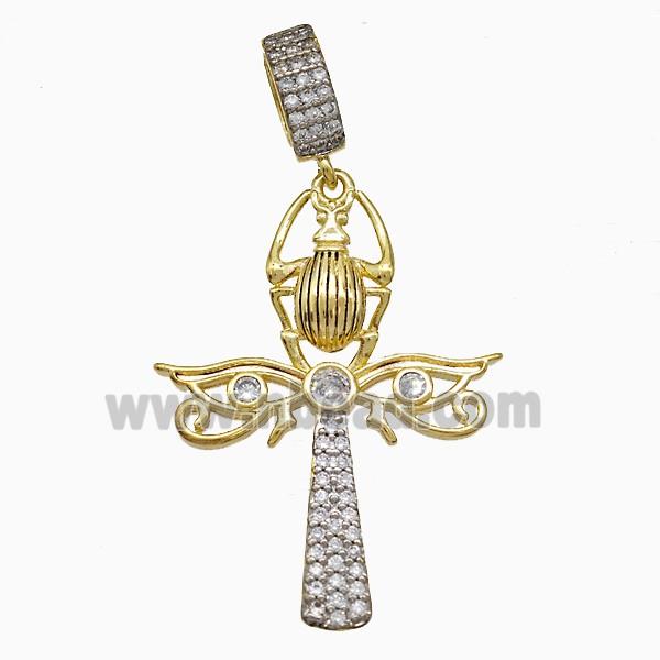 Copper Angel Wing And Ladybug Cross Pendant Pave Zirconia Gold Plated