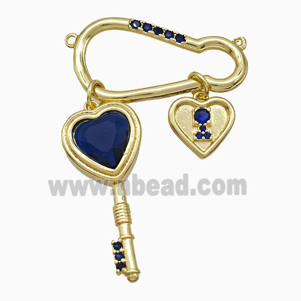 Copper Key Heart Pendant Pave Zirconia 2loops Gold Plated