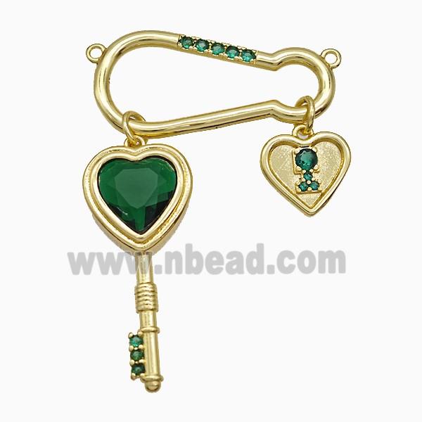 Copper Key Heart Pendant Pave Zirconia 2loops Gold Plated