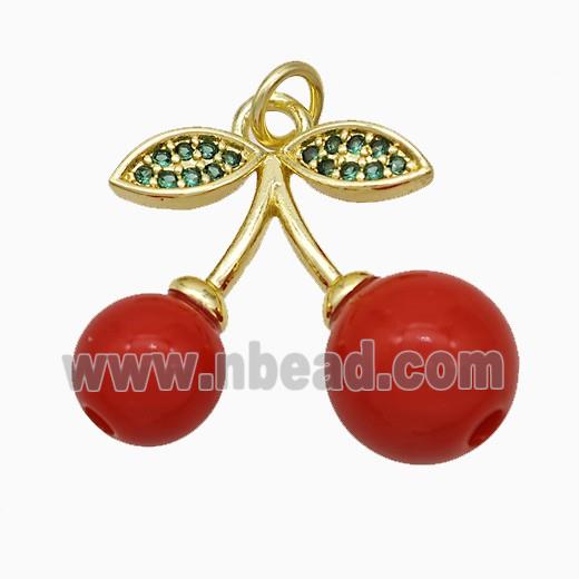 Copper Cherry Pendant Pave Zirconia Red Resin Gold Plated
