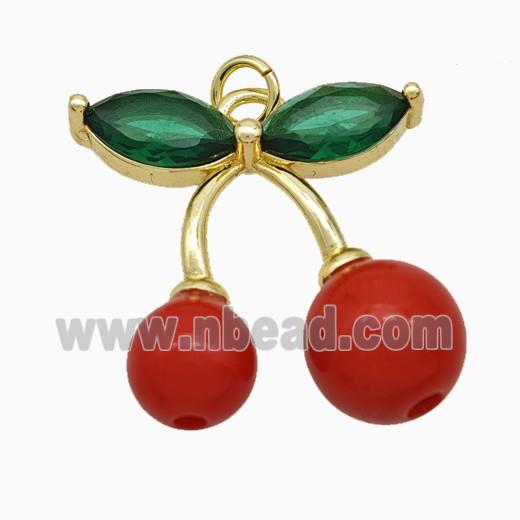 Copper Cherry Pendant Pave Red Resin Gold Plated