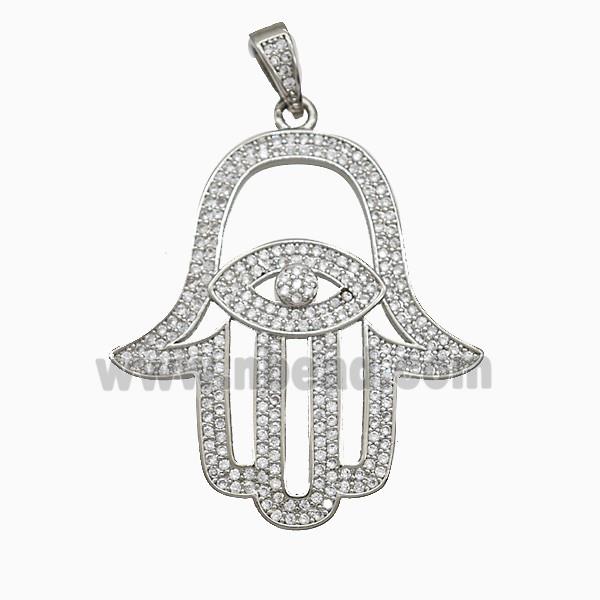 Copper Hansahand Pendant Micropave Zirconia Eye Platinum Plated