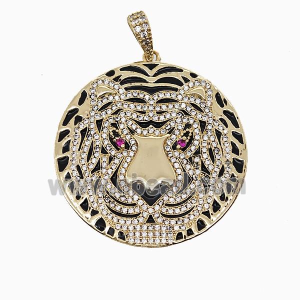 Copper Tiger Pendant Micropave Zirconia Black Enamel Gold Plated